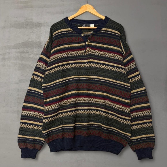 Peconic Bay Traders Other - Vintage Peconic Bay Traders Henley Sweater Multi Striped Geometric Knit Large